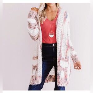 Before You Loose Knit Eyelash Fringe Multicolor Open Front Cardigan Sweater Sz L
